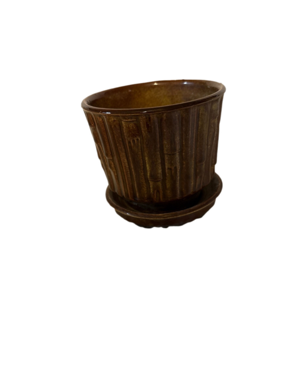 Vintage 1960’s Brown Drip McCoy Bamboo Flower Pot W/attached Saucer 0372